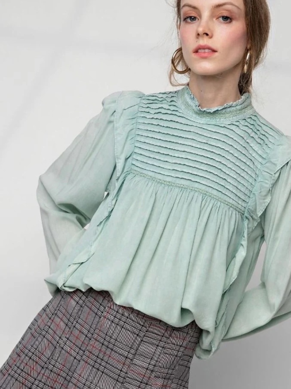 Easel Mineral Wash Sage Pintuck Blouse Boho NWT